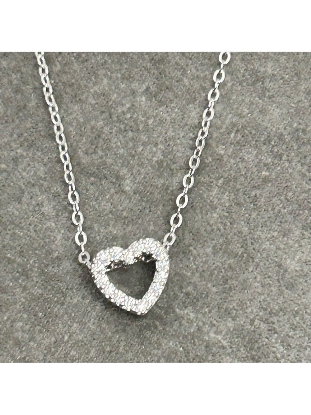 Silver-tone rhinestone cubic zirconia tiny small heart pendant necklace